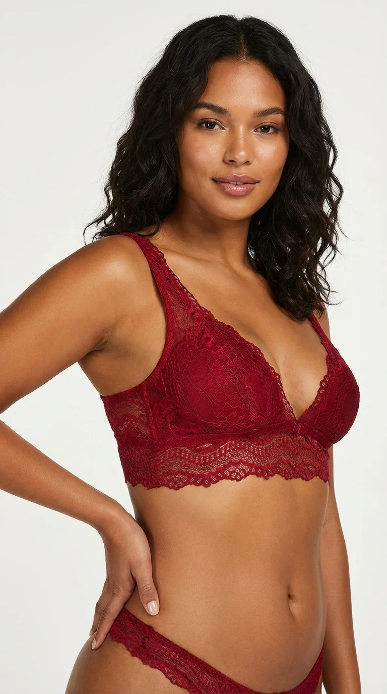 LunaIntim Kırmızı Dantelli Bralet Sütyen Balensiz ve Desteksiz (Boş Kap) V Yaka Model - V Yaka Detay